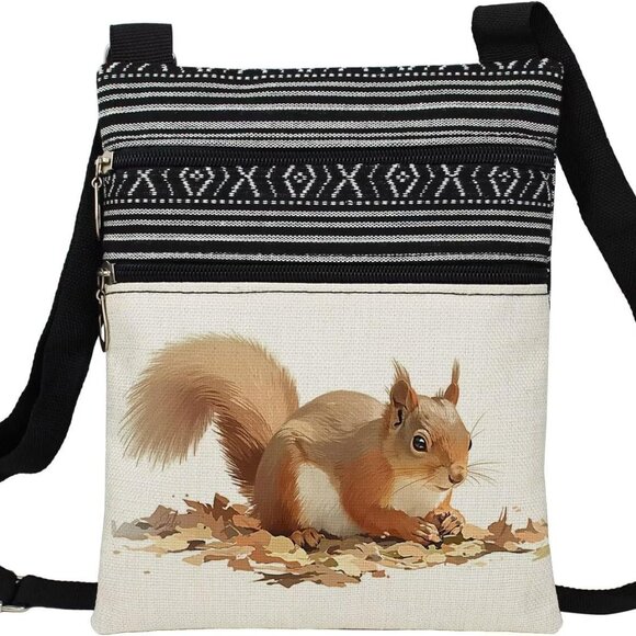 Squirrel Crossbody Bag Small Ethnic Pattern Adjustable Strap Zipper Bag - Picture 1 of 7